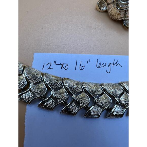 CORO TEXTURED FEATHER LEAF GOLD TONE MCM PANELED LINK NECKLACE BRACELET SET - Picture 11 of 11